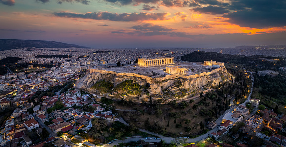 Elevated, panoramic view of the illuminated Acropolis of Athens, Greece
