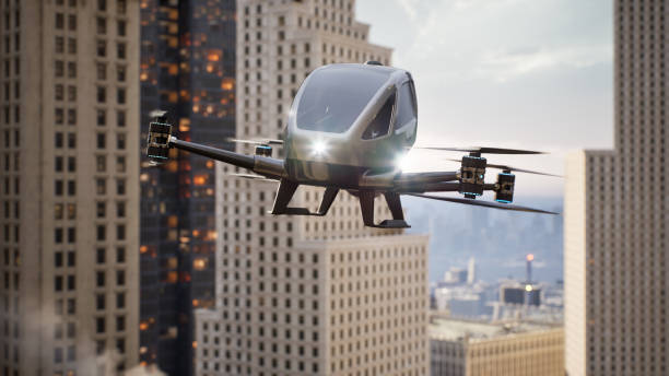 istock Autonomous driverless aerial vehicle fly across city, 3d render 1394560518