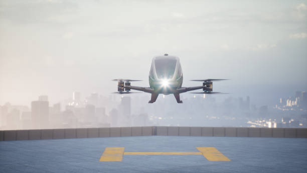 Autonomous driverless aerial vehicle fly across city, 3d render