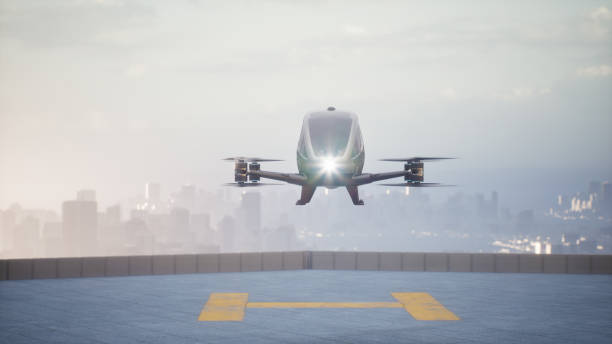 autonomous driverless aerial vehicle fly across city, 3d render - taxi imagens e fotografias de stock