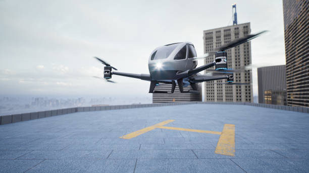 istock Autonomous driverless aerial vehicle fly across city, 3d render 1394560524