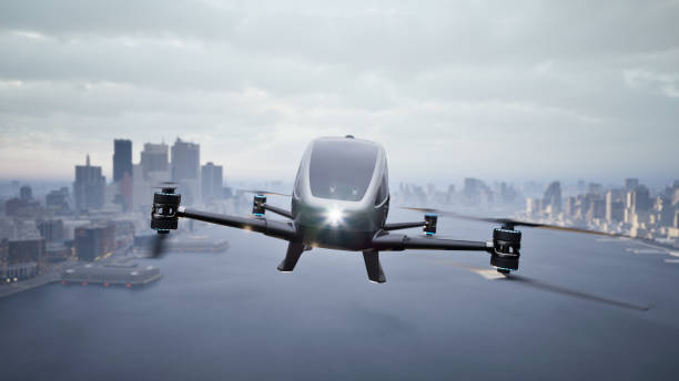 Autonomous driverless aerial vehicle fly across city, 3d render Autonomous driverless aerial vehicle fly across city, 3d render autopilot stock pictures, royalty-free photos & images