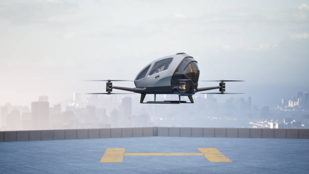 istock Autonomous driverless aerial vehicle fly across city, 3d render 1394560528