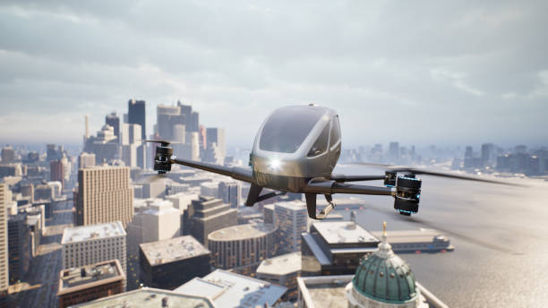 istock Autonomous driverless aerial vehicle fly across city, 3d render 1394560531
