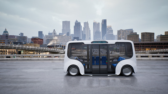 Autobús eléctrico autónomo autónomo autónomo en la calle, concepto de tecnología de vehículo inteligente, renderizado 3D photo