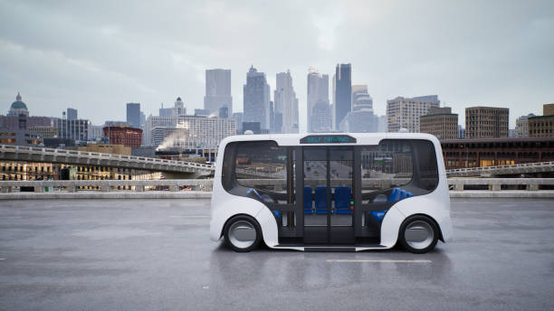 autobus elettrico autonomo a guida autonoma su strada, concetto di tecnologia del veicolo intelligente, rendering 3d - mezzo di trasporto senza conducente foto e immagini stock