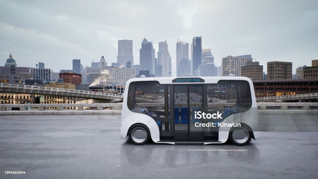 Autonomous electric bus self driving on street, Smart vehicle technology concept, 3d render Autonomous Technology Stock Photo