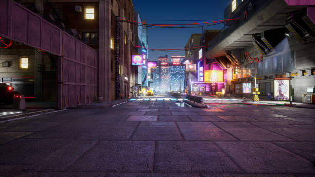 istock Cyberpunk city street, 3d render 1394560624