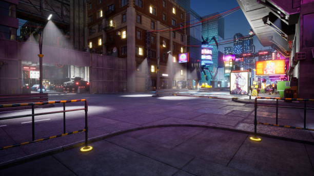 istock Cyberpunk city street, 3d render 1394560627