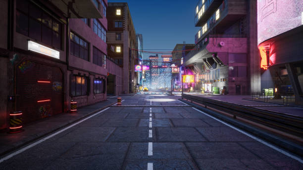 istock Cyberpunk city street, 3d render 1394560628