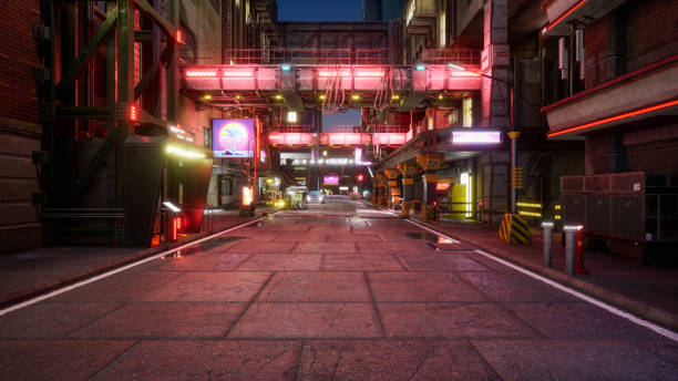 istock Cyberpunk city street, 3d render 1394560636