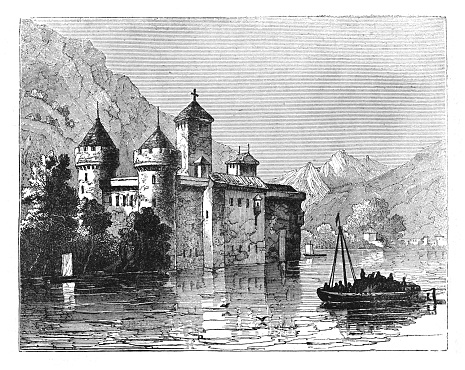 Vintage engraved illustration - Chillon Castle (island castle located on Lake Geneva (Le Léman) , south of Veytaux in the canton of Vaud (Switzerland).