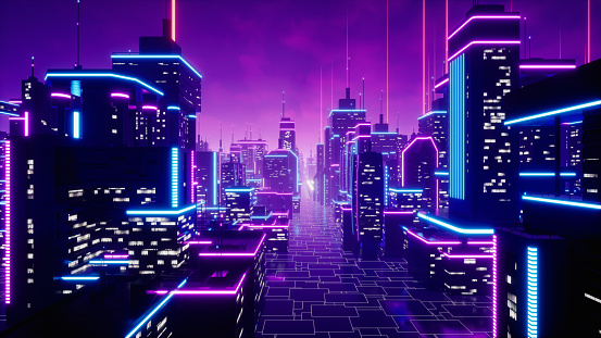 Metaverse city y concepto cyberpunk. Renderizado 3D photo