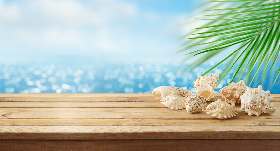 Empty wooden table with seashells over sea beach background.  Summer mock up for design and product display.