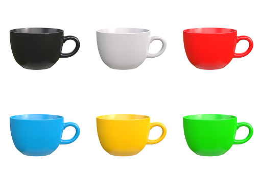 Set of multi-colored coffee cups isolated on a white background. 3d rendering 3d illustration