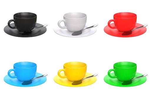Set of multi-colored coffee cups with a saucer and a spoon isolated on a white background. 3d rendering 3d illustration
