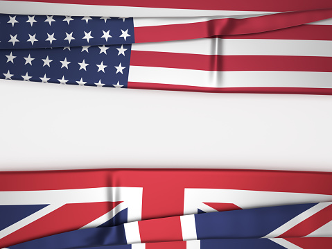 American and English flags are on a white-colored background. Horizontal composition with copy space. Isolated with clipping path