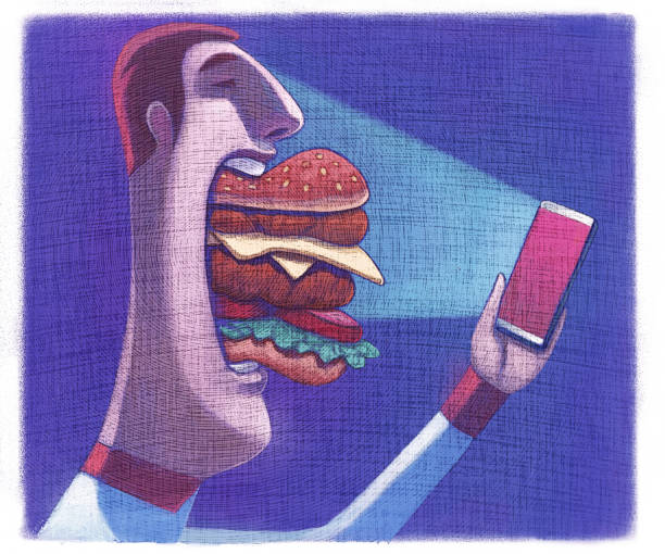 ilustraciones, imágenes clip art, dibujos animados e iconos de stock de nerd comiendo hamburguesa y mirando el teléfono inteligente - bizarre nerd humor telephone