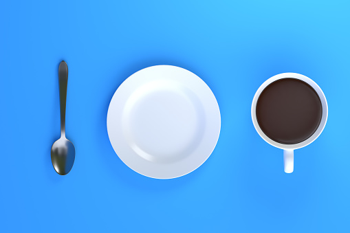 Top view of a cup of coffee with dish and spoon on blue background. Morning coffee concept. 3D Rendering 3D Illustration