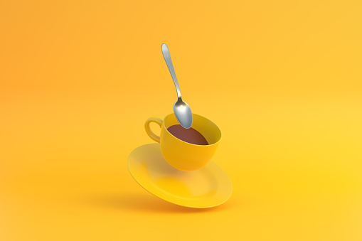 Levitation of Cup of Coffee with a spoon. White mug flying on the air on bright yellow background. Minimal concept. 3D rendering 3D illustration