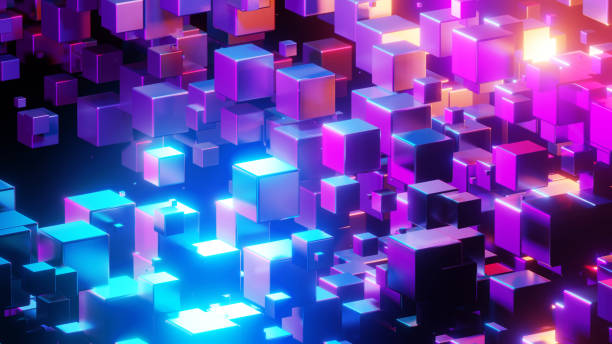 istock Abstract background 3D, many cubes with neon purple blue glow on black 1394568755