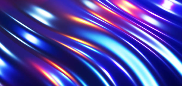 istock Striped neon lights background, purple blue liquid metal 1394568778