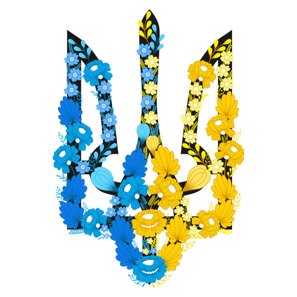 ilustraciones, imágenes clip art, dibujos animados e iconos de stock de tridente ucraniano de flores. - ukraine trident ukrainian culture coat of arms