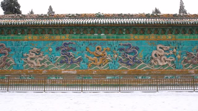 Nine Dragon Screen in Beihai Park, Beijing, CHINA at the Snow