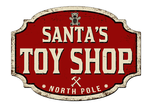 Santa's toy shop vintage rusty metal sign on a white background, vector illustration