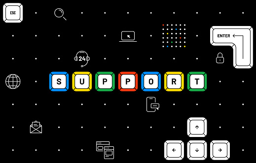 Creative online support concept with digital background, 24/7 call center, online and mobile website, lock, security, email, chat and search icons, computer keyboard keys.
