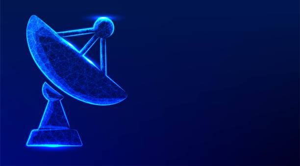 istock Large satellite dish antenna receiver and transmitter for television and radio transmission .abstract low poly wireframe mesh design. vector illustration on blue background 1394574988