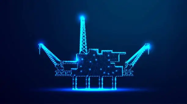 Vector illustration of Offshore Jack Up Rig in The Middle of The Sea, oil industry. abstract low poly wireframe mesh design. from connecting dot and line. vector illustration.futuristic design on dark blue background