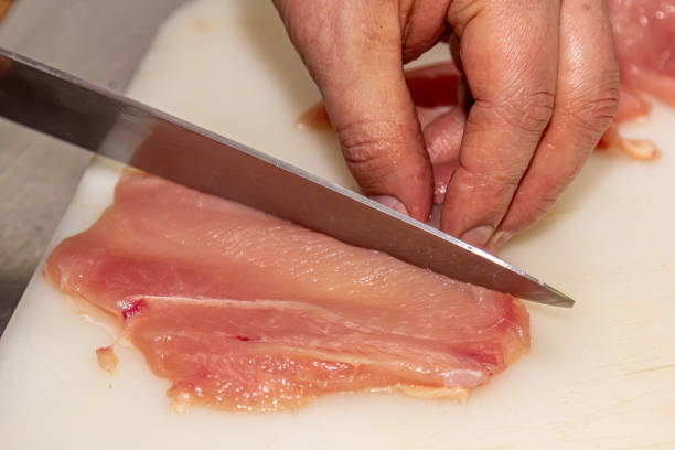 istock Food preparation. Man's hands cutting a raw chicken breast 1394579809