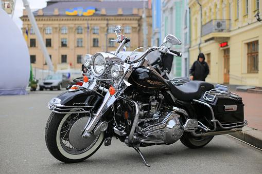Kyiv, Ukraine - 14 april, 2019: Motorcycle Harley-Davidson Road King on the street