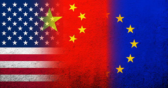 Republic of China national flag, United States of America USA national flag and Flag of the European Union. Grunge background