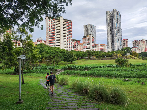 Singapore- 9 Apr, 2022: Scenic view from Bishan-Ang Mo Kio Park in Singapore. It is one of the largest urban parks in central Singapore