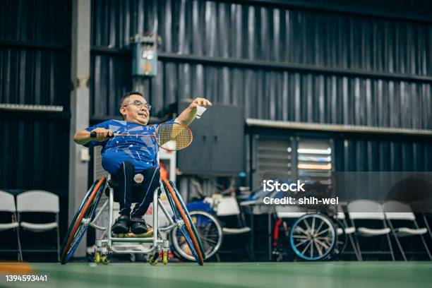 Enjoy Life Asian Handicapped People Training Badminton Stock Photo - Download Image Now