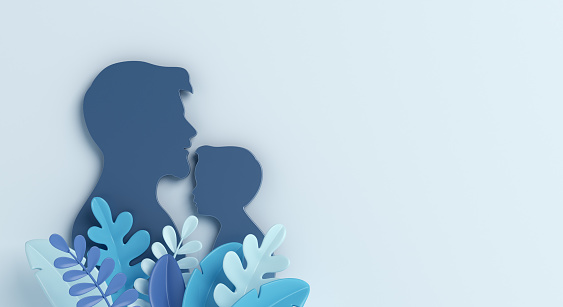 Happy Fathers Day decoration background with silhouette and leaves, copy space text, 3D rendering illustration