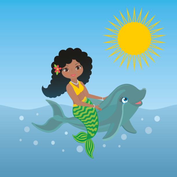 Lovely and happy mermaid riding on dolphin calf, fish a sunny day. Vector illustration. Mermaid riding on cute little dolphin fish. a wonderful summerday. mermaid dress stock illustrations
