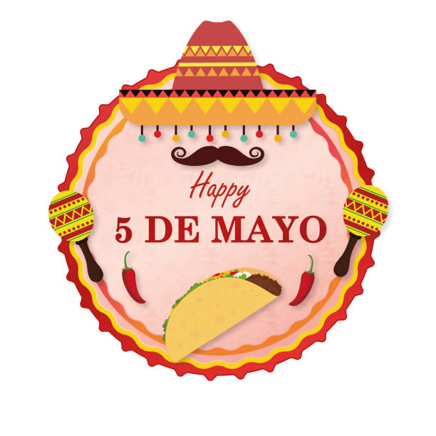 Cinco de Mayo vector illustration with Mexican items and text Cinco de Mayo vector illustration with Mexican items: sombrero, maracas, chili around the colored text "Cinco de Mayo" (means May 5th) alev stock illustrations