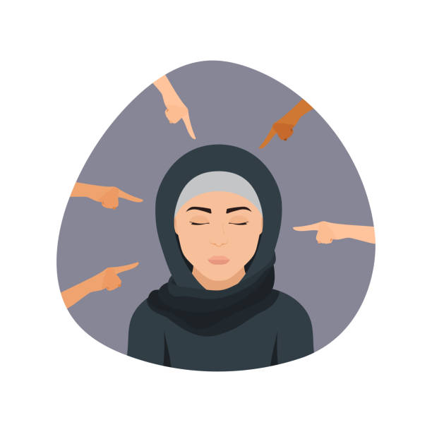 Muslim woman wearing traditional clothing surrounded by pointing hands Problem of stereotypes and islam rejection in european culture humiliate stock illustrations