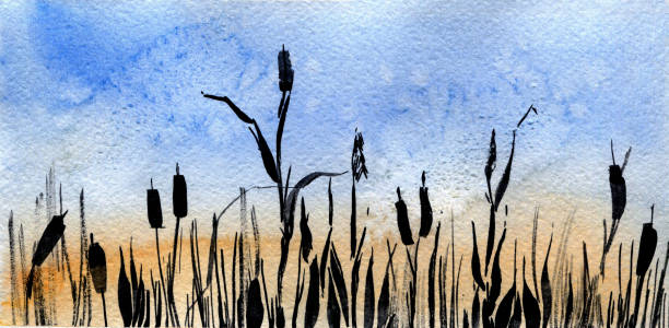istock Watercolor landscape with spikilets on blue and yellow background 1394604969