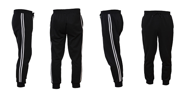 Black track pants with two white lines on the sides