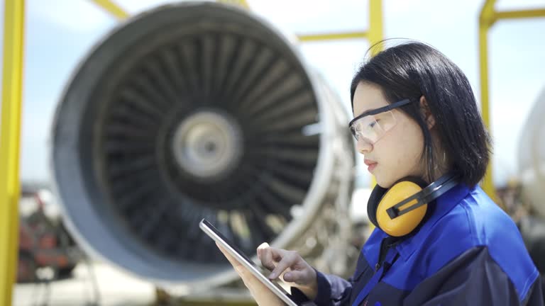 4K Female Aircraft Mechanic Using Digital Tablet Examining Jet Engine