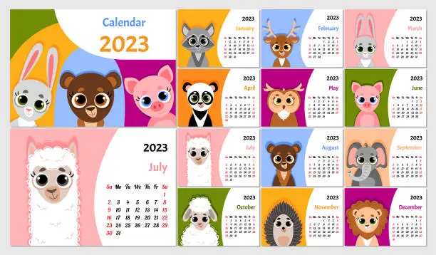 Vector illustration of Calendar 2023 with cute animals. Cover and 12 month's pages . Week starts on Sunday.