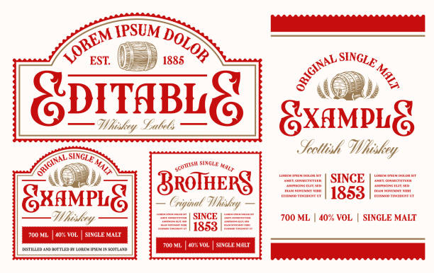 ilustraciones, imágenes clip art, dibujos animados e iconos de stock de un conjunto de etiquetas de alcohol vectorial vintage - whisky