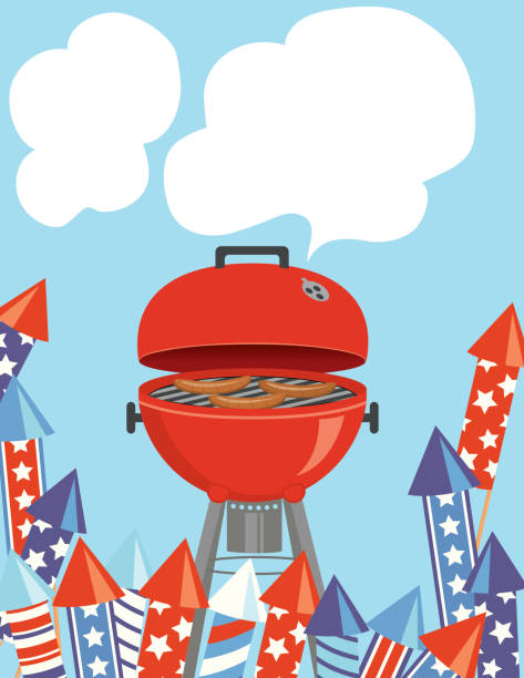 illustrations, cliparts, dessins animés et icônes de mignon modèle d’invitation de fête de barbecue en couleur plate - firework display celebration party fourth of july