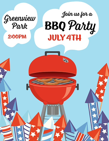 A cute barbecue invite or poster template in flat color and a crisp style with a grill, good for summer or Fourth of July themes. File includes EPS Vector file and high-resolution jpg.