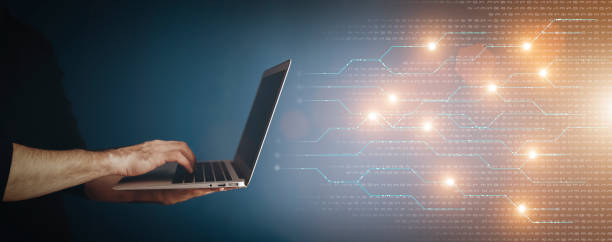 Big data technology background. Using a laptop against the background of visualization of a computer internet network, social connection, analytics, information. Big data technology background. Using a laptop against the background of visualization of a computer internet network, social connection, analytics, information. High quality photo deep pick stock pictures, royalty-free photos & images
