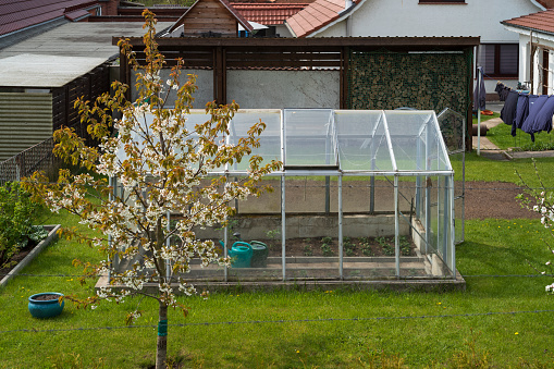 Berlin, Berlin, Germany - April 30, 2022: Home ownership with greenhouse in the garden in spring. Private cultivation of vegetables and fruit in a small space.